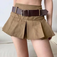 low waist mini skirt with belt women sexy pleated black skirts female punk grunge party clubwear cow boy style hot girl black