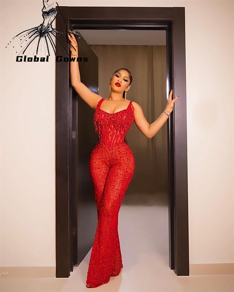 

Sexy Red Sweetheart Evening Gown 2023 For Black Girls Beaded Tassel Birthday Party Dress Long Prom Pants Vestido Elegante