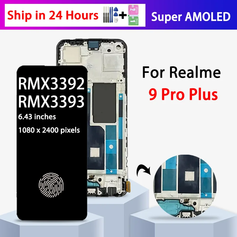 Фото 6,4-дюймовый ЖК-дисплей Super AMOLED для Realme 9 Pro+ RMX3392, сенсорный экран, дигитайзер для Realme 9 Pro Plus RMX3393, рамка дисплея №1