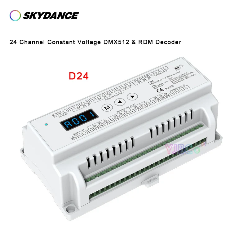 

12V-24VDC DIN Rail 24 Channel Led DMX512 Decoder 24CH RDM RGB/RGBW Strip tape DMX Controller Green Terminal Connector LED Screen