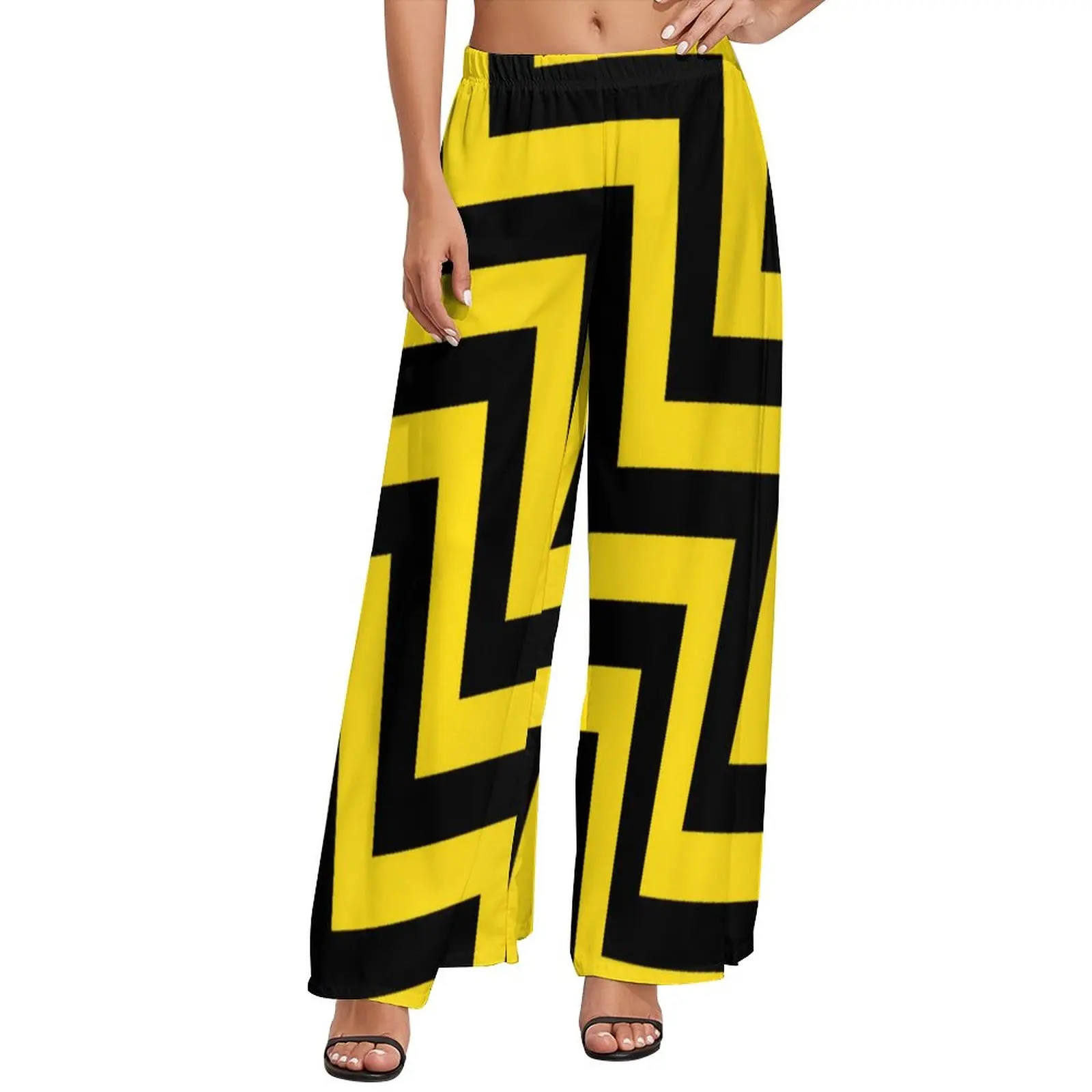 

Yellow Black Geometric Pants Dagonal Stripes Casual Wide Pants Female Oversized Streetwear Pattern Straight Trousers