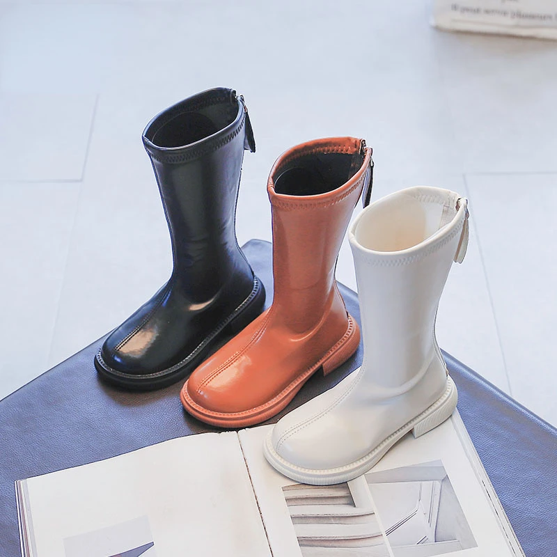 

Новинка 2022, высокие ботинки для девочек, детская модная однотонная вечерняя Обувь, осенняя дышащая обувь на низком каблуке с молнией сзади, ...