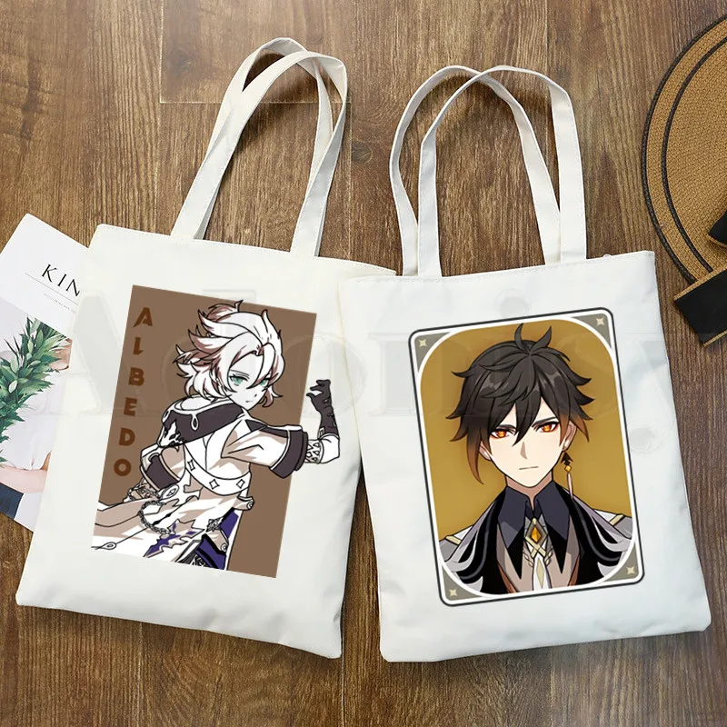 

Zhong Li Game Anime Handbags Canvas Tote Bag Shopping Travel Eco Reusable Shoulder Genshin Impact Shopper Bags bolsas de tela