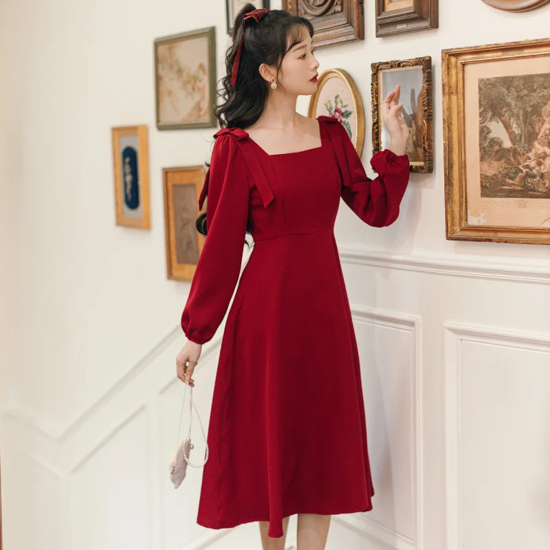 

Film has not below ~ qiu dong long sleeve bowknot render red collar cultivate one's morality dress