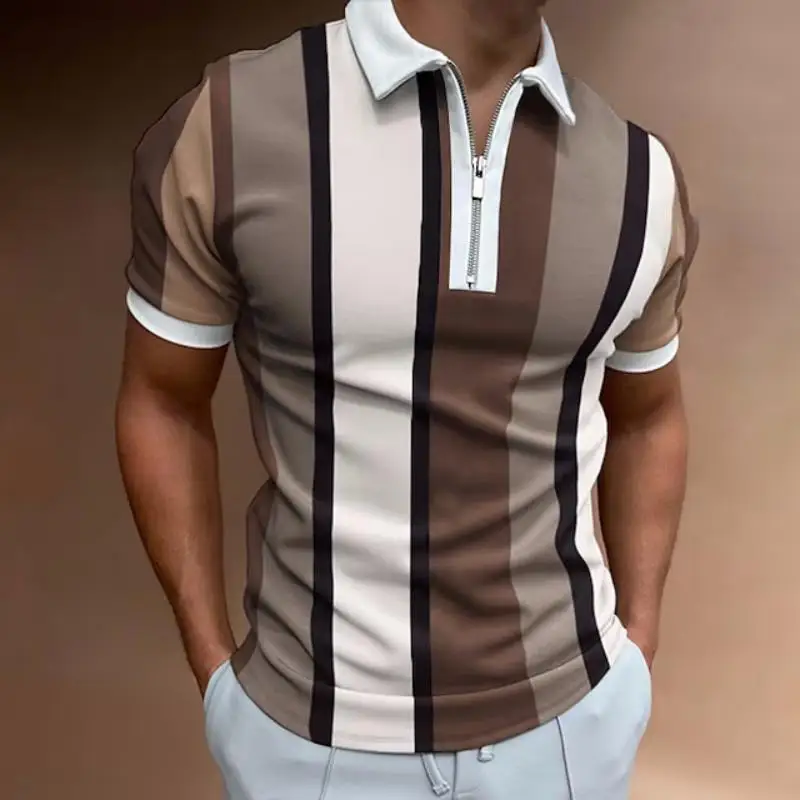 

2023 Summer Luxury Men's Polo Shirt High Quality Casual Daily Short Sleeve Striped Mens Shirts Turn-Down Collar Zippers Tees 3xl