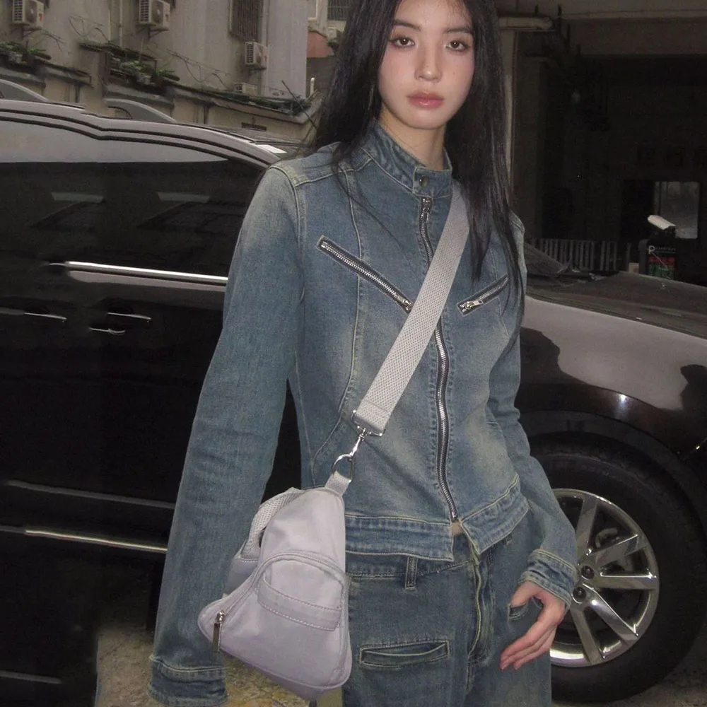 Осень 2024 уличная одежда джинсовые куртки женские Y2k сексуальные ретро стираные