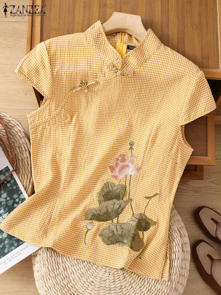 

ZANZEA Women Stand Collar Blusas Casual Lotus Embroidery Tunic Plaid Short Sleeve Blouses Retro Elegant Summer 2023 Vintage Tops