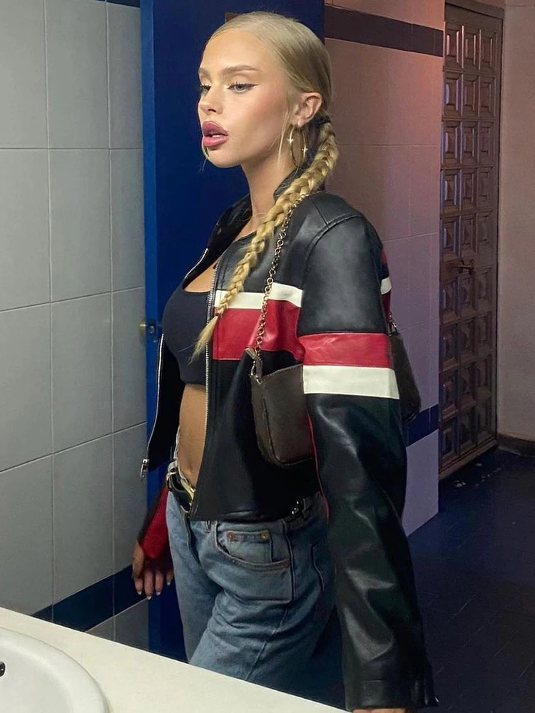 Укороченные куртки Rapcopter y2k в полоску винтажная Байкерская мото-модная уличная