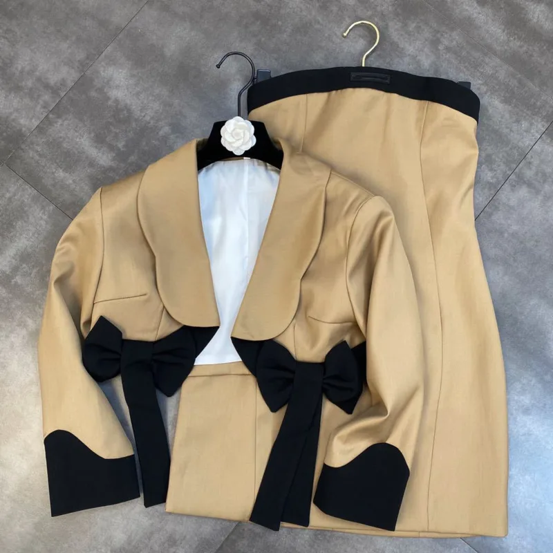 BORVEMAYS Two-piece Sets Blazer Coat Lapel Bow Long Sleeve + Mini Dress 2023 Spring Summer New Fashion Trend