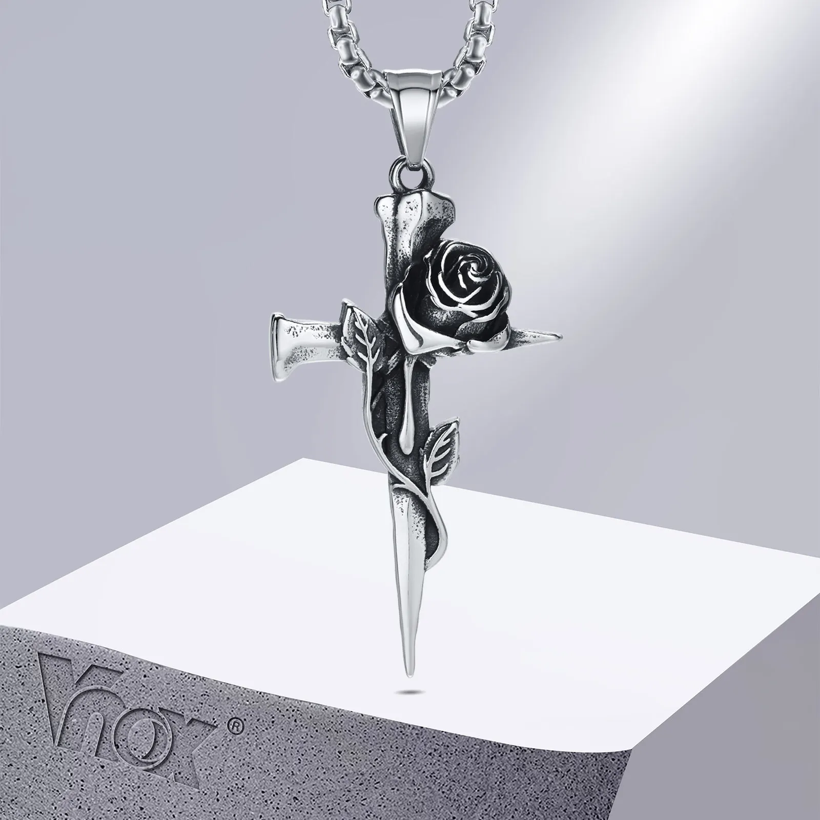 

Vnox Vintage Cross Pendant Necklace for Men Women, Rock Punk Stainless Steel Rose Flower Gothic Collar Gifts for Him Jewelry