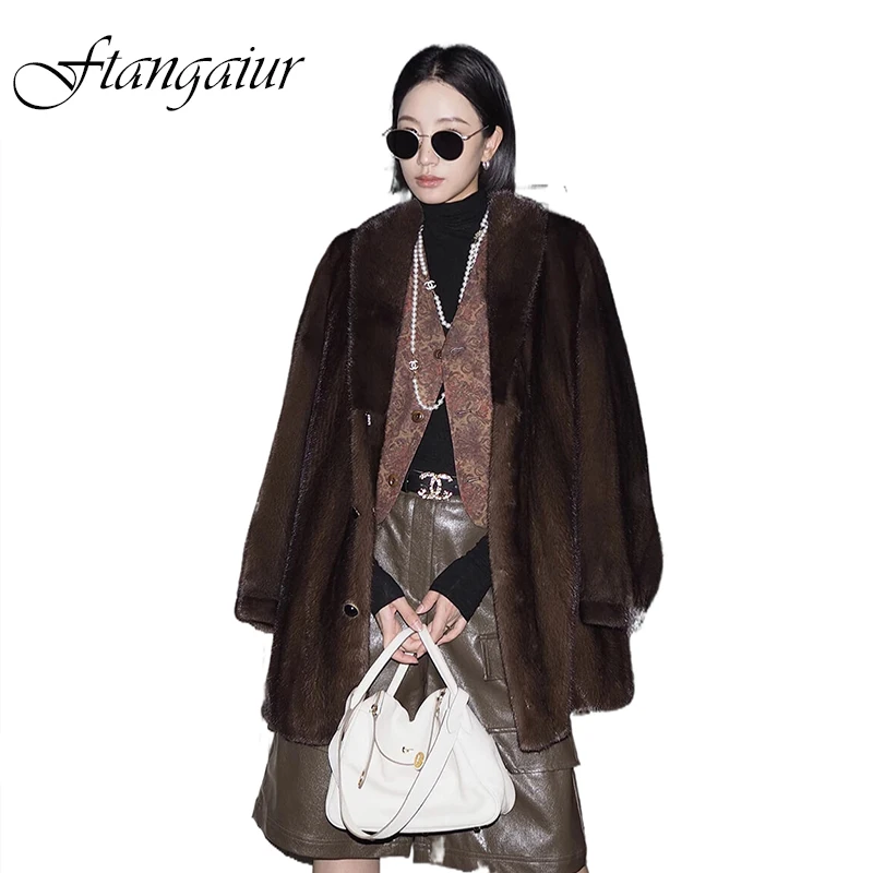 

Зимнее пальто Ftangaiur для женщин, импортное бархатное пальто из меха норки, женские пальто средней длины с длинным рукавом и отложным воротником из натурального меха норки