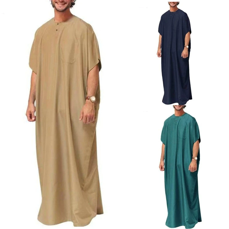 Middle East Jubba Thobe Muslim Male Shirt  Neck Muslim Robe for w/ Short Sle