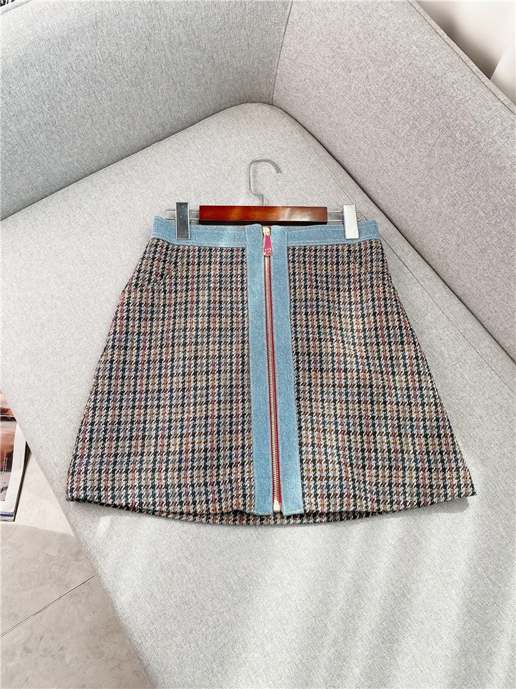 

Thousand Bird Check Tweed Skirt for Women In Autumn and Winter 2022, New Denim Splicing Zipper, High Waist, Slim Skirt for Women