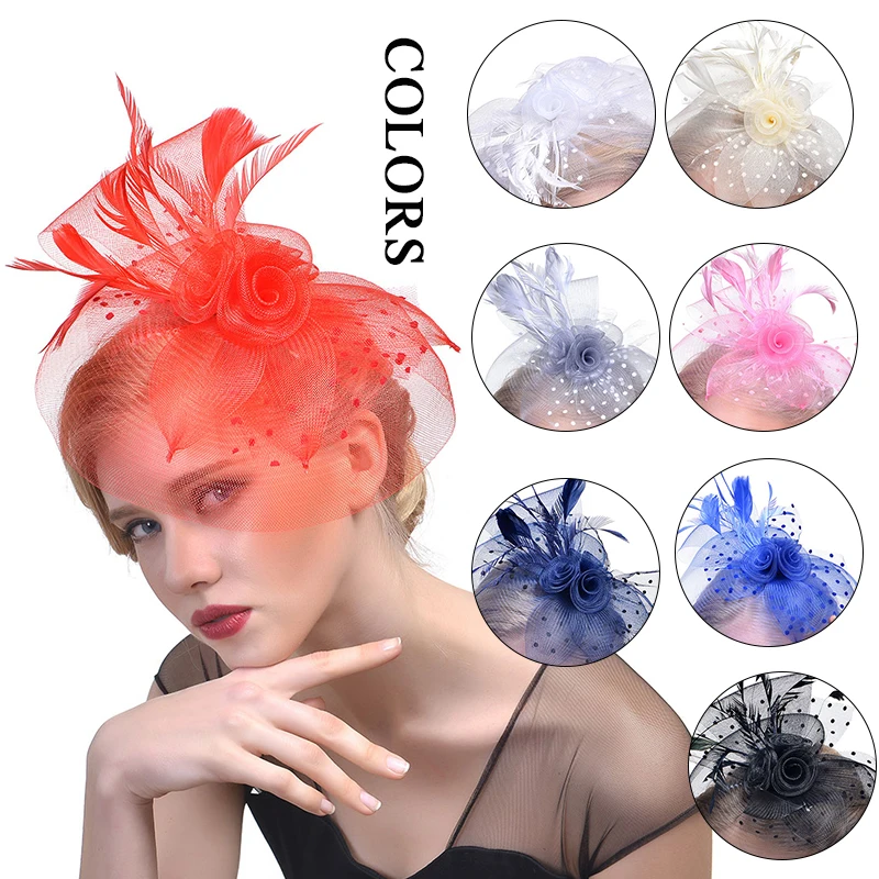 

Mesh Ribbon Feather Hat Women Flower Decoration Fedoras Hat Headband Hair Clip Cocktail Tea Party Headwear For Girls Photo Props