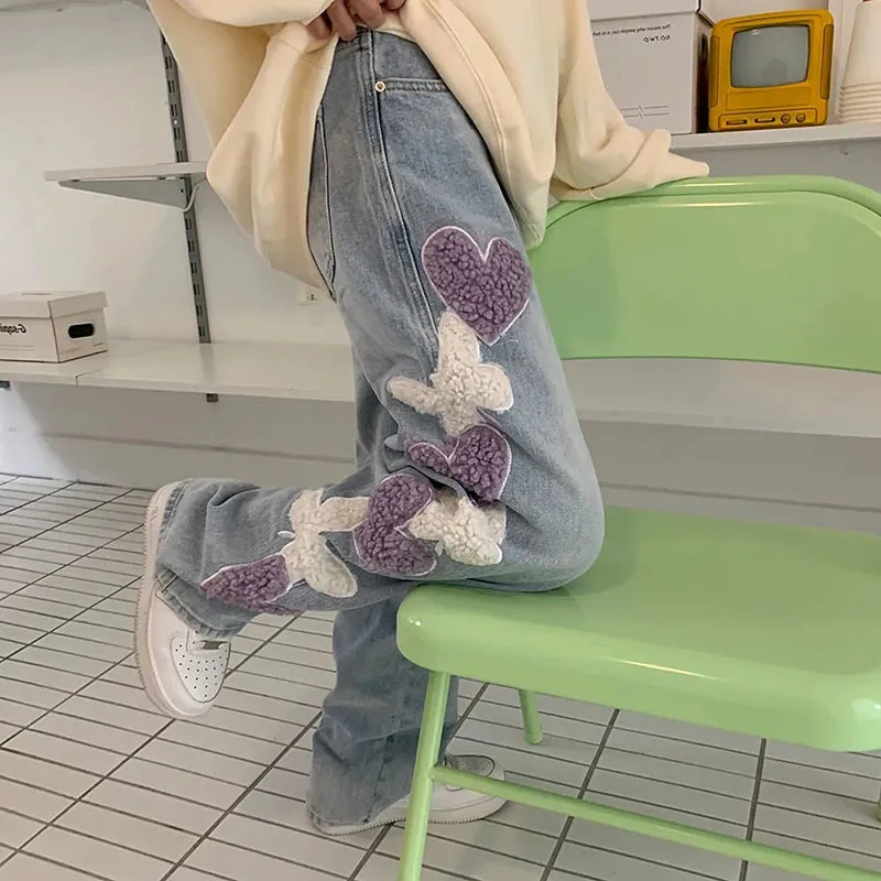 

Женские джинсы с завышенной талией, повседневные свободные прямые брюки с вышивкой в форме сердца, винтажные брюки в уличном стиле для весны и осени