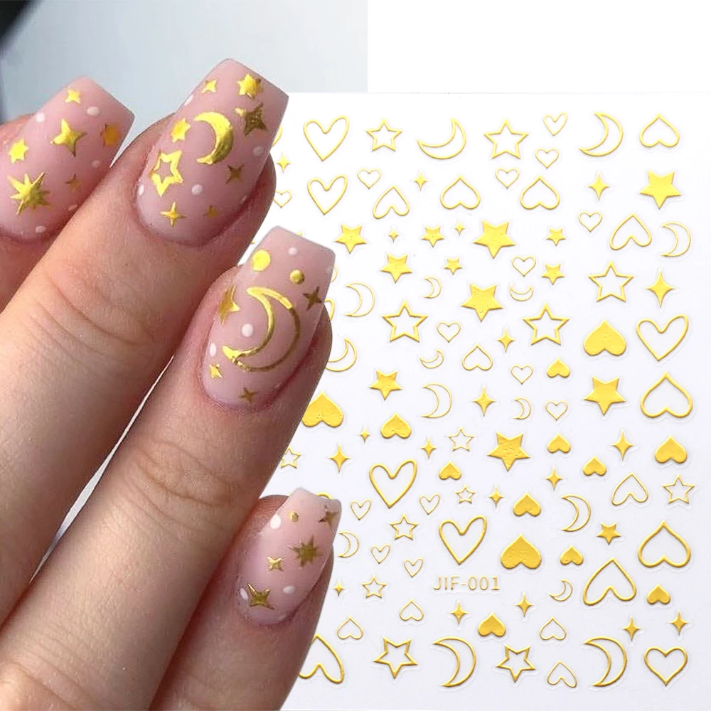 Gold Star Moon Nail Stickers Laser Heart Sliders For Nails Geometry Leaf Design Summer Decor Eyes Decal Gel Polish Wraps GLJIF