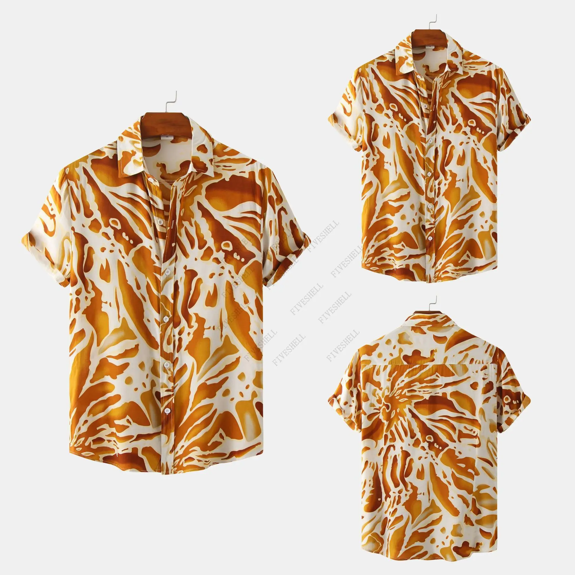 2023 Yellow Striped Print Hawaiian Shirt Men Summer Casual Button Down Short Sleeve Beach Shirts Men Party Vacation Shirts Tops