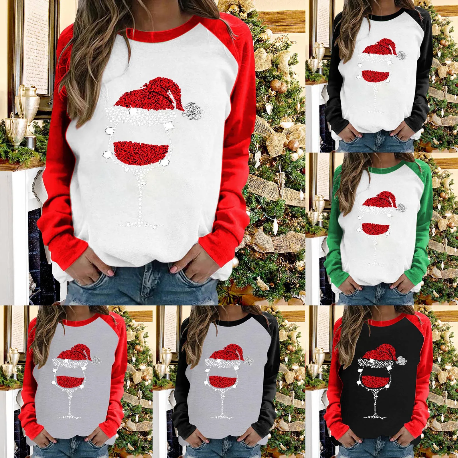 

Женская модная Рождественская цветная футболка с принтом винного бокала, длинным рукавом и рукавом, женские рубашки с длинным рукавом