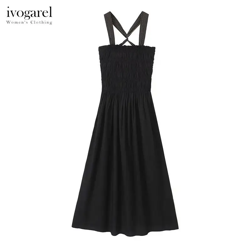 

Ivogarel Black Midi Dress With Contrast Topstitching Traf Women's Casual Off Shoulder Evening Dress with Crossed Wide Straps