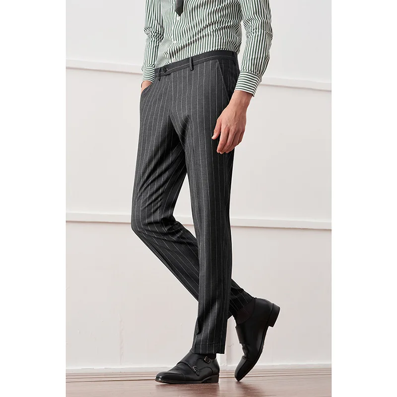 Новинка серые вертикальные полосатые Костюмные брюки для мужчин Корейскаяверсия облегающие деловые повседневные брюки без железа летние деловыеКостюмные брюки