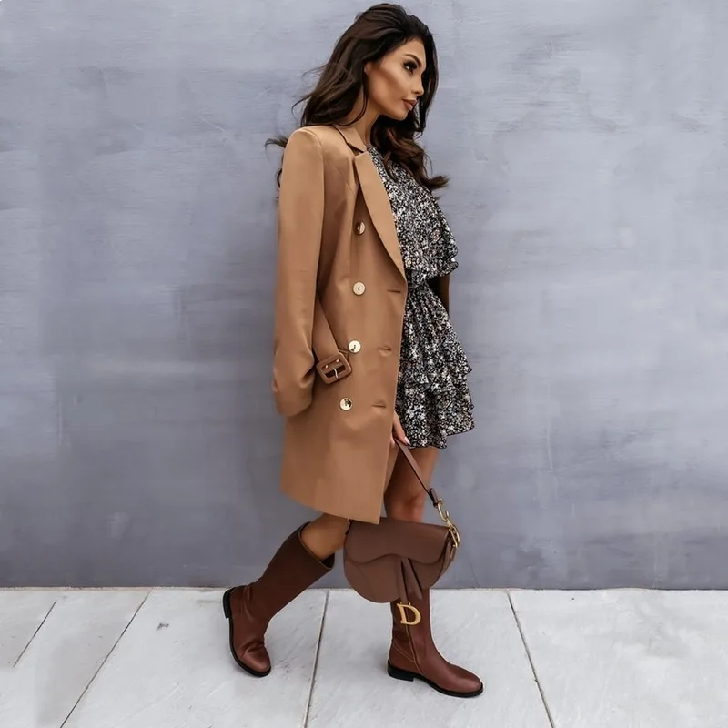 2022 new  Autumn Women's Long-sleeved Waist Mid-length Blazer for Office Ladies Elegant Solid Color Double-breasted Blazer