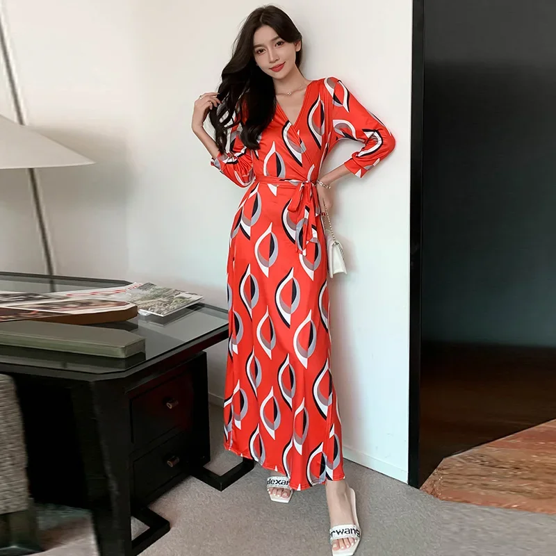 Женское летнее платье шикарное красное с принтом до пола высокой талией Женские