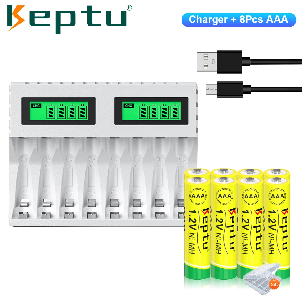 

KEPTU 8pcs 1.2V Ni-MH Rechargeable Batteries AAA 900mAh with 8-Slot LCD Quick Charger