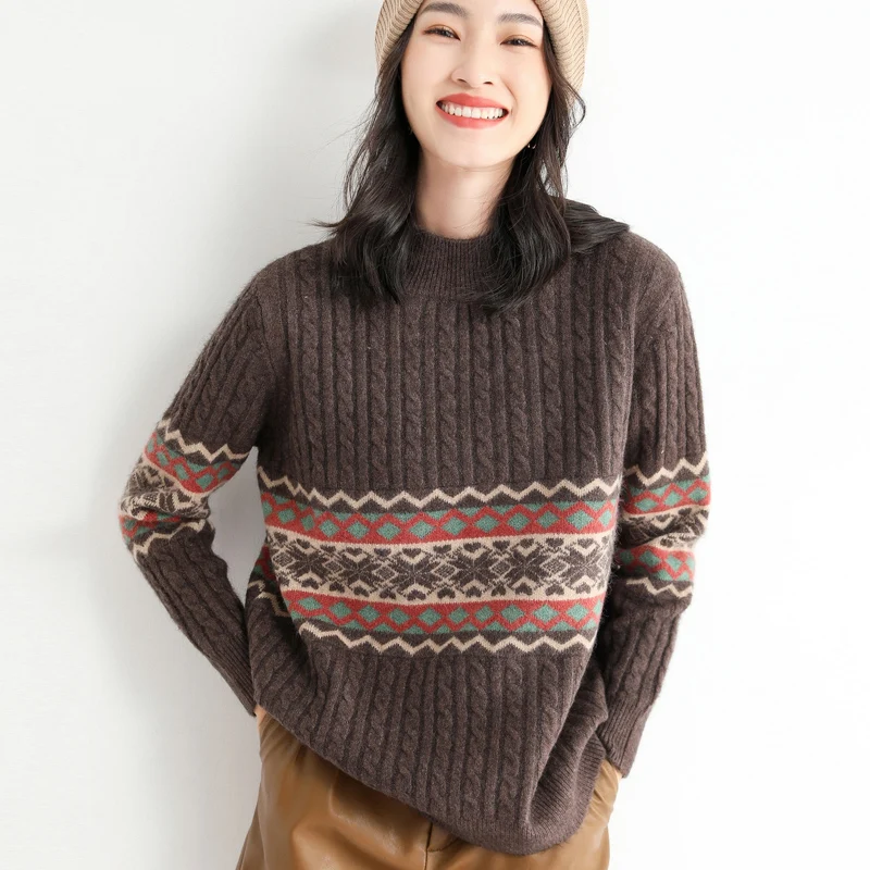 

Женский жаккардовый свитер с длинным рукавом, свободный трикотажный Повседневный свитер с воротником средней длины, Осень-зима