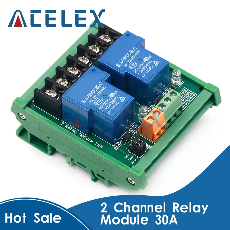 Two 2 Channel Relay Module 30A with Optocoupler Isolation High Low Trigger for Smart Home PLC with Guide Rail 5V 12V 24V