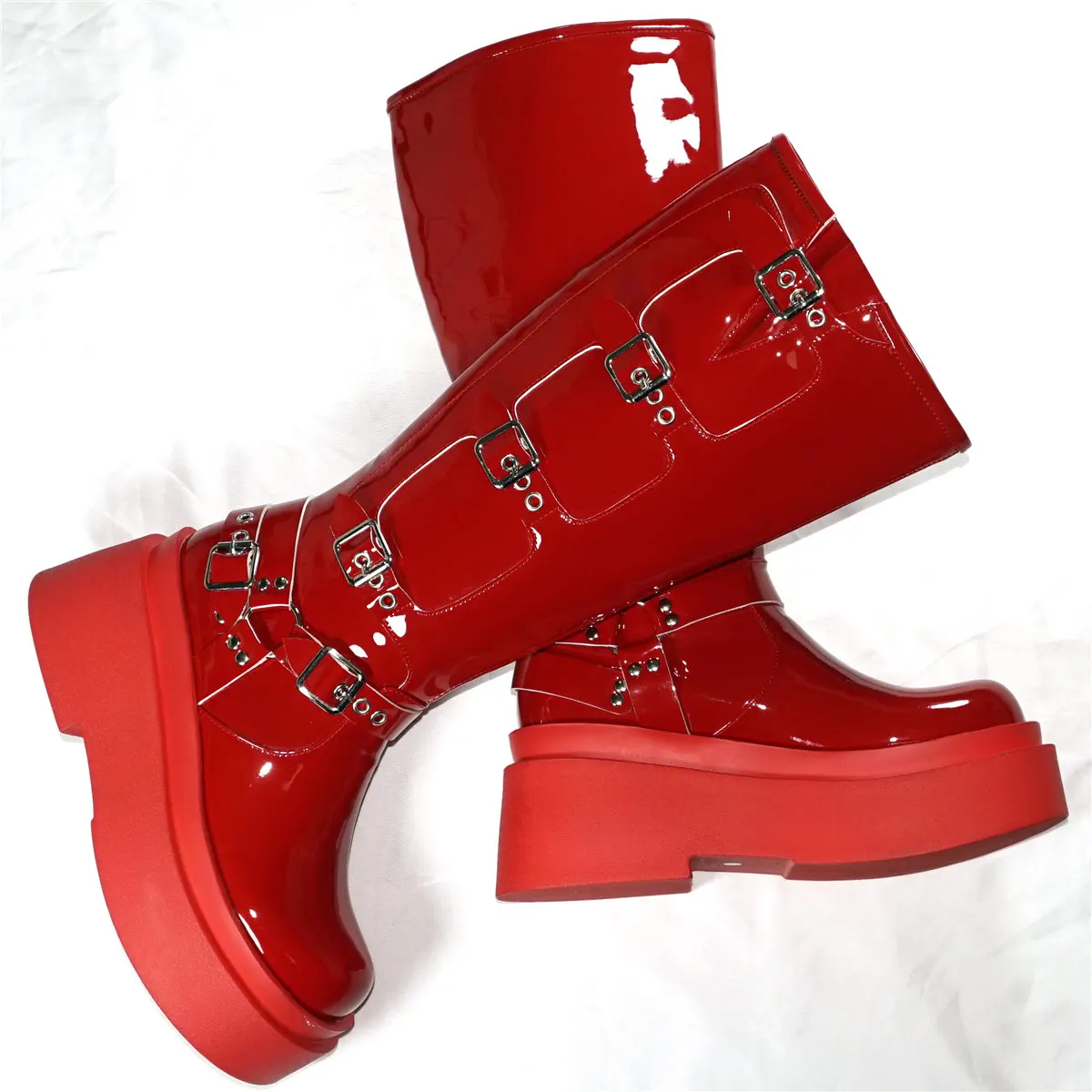 Winter Fashion Sneakers Women Red Patent Leather Wedges Knee High Boots Female Round Toe Thigh High Platform Pumps Casual Shoes