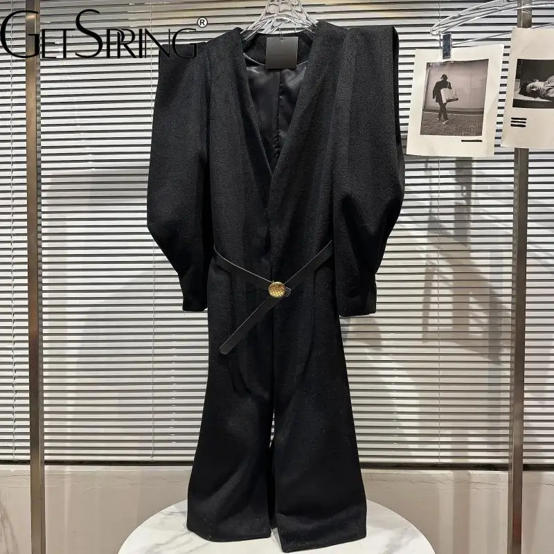 

GetSpring Women Trench Coat Temperament V Neck Puff Sleeve Belt Ladies Windbreaker Vintage Loose Long Wool Overcoat Winter 2022