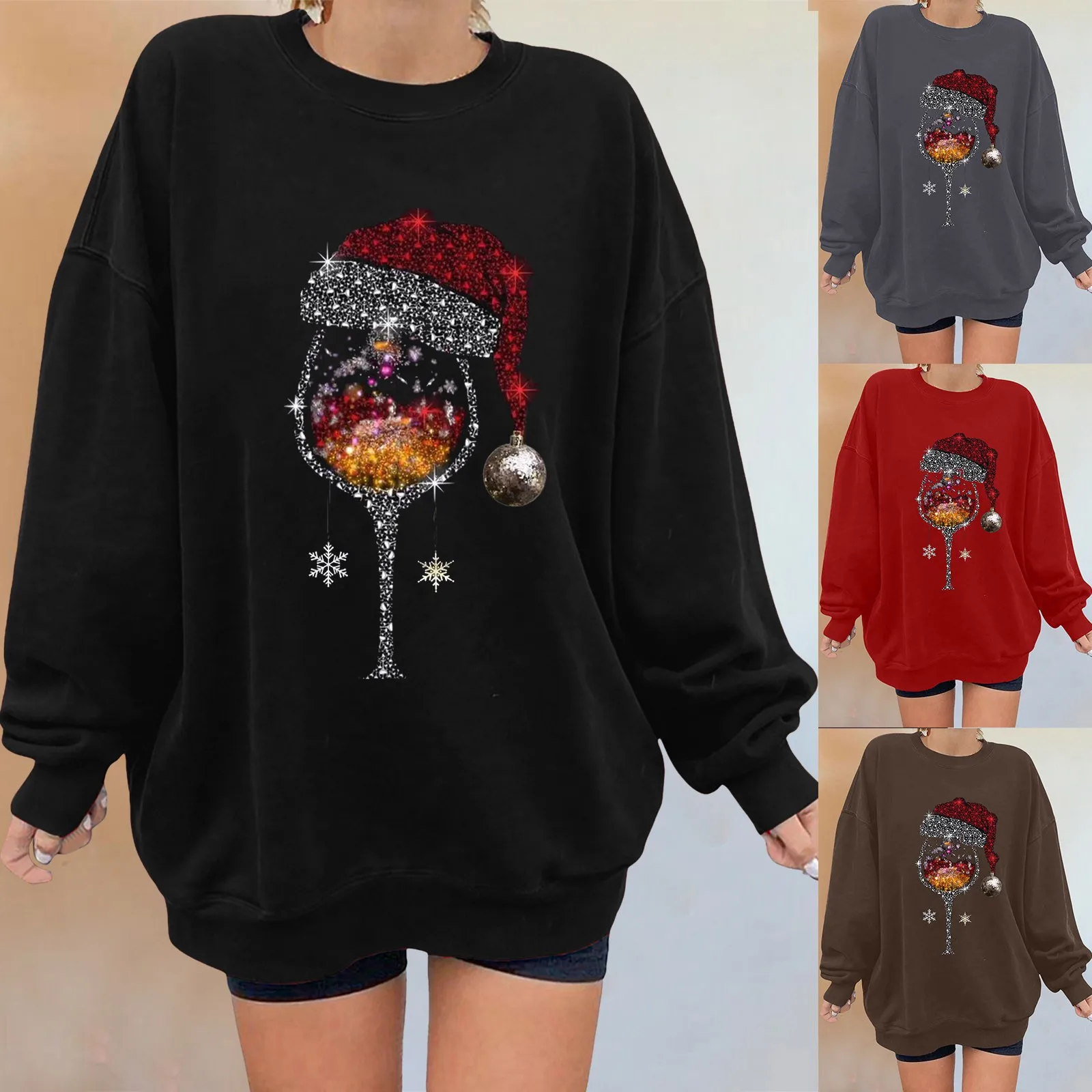 

Womens Fall And Winter Casual Hoodless Sweatshirt Christmas Print Long Sleeve Pullover Sweatshirt Baggy Sweatshirt