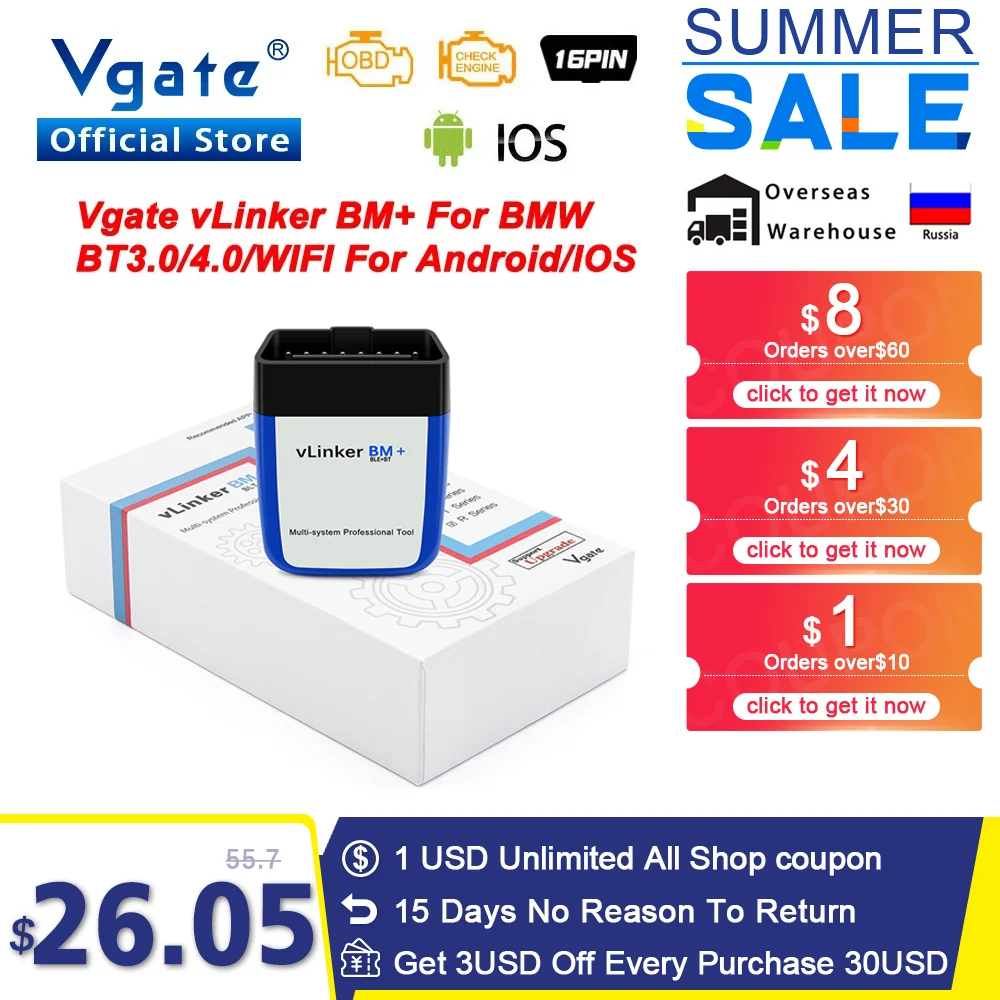 Vgate vLinker BM ELM327 For BMW Scanner wifi Bluetooth 4.0 OBD2 OBD 2 Car Diagnostic Auto Scan Tool Bimmercode ELM 327 V 1 5