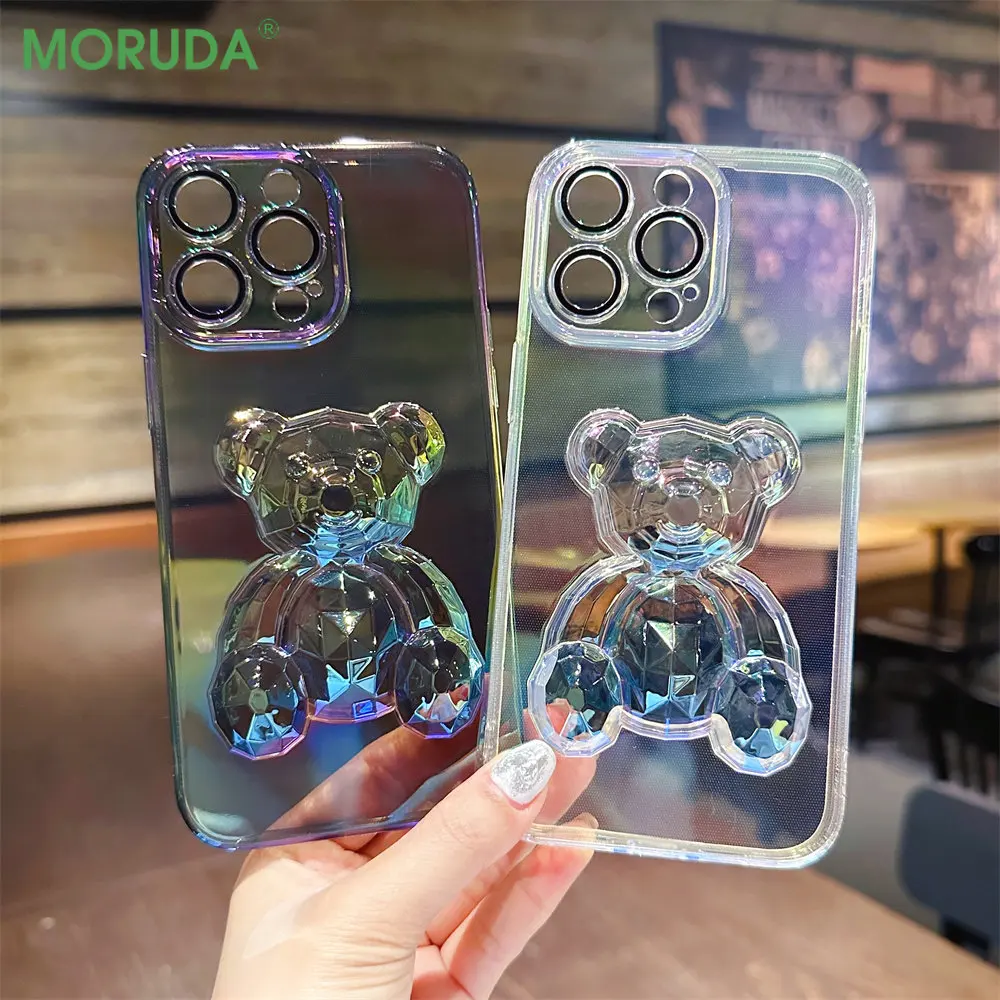 

ins 3D Diamond Bear Cover for iPhone 14 ProMax 11 12 13 Pro Max Colorful Laser Transparent Phone Case with Lens Film Soft Cover
