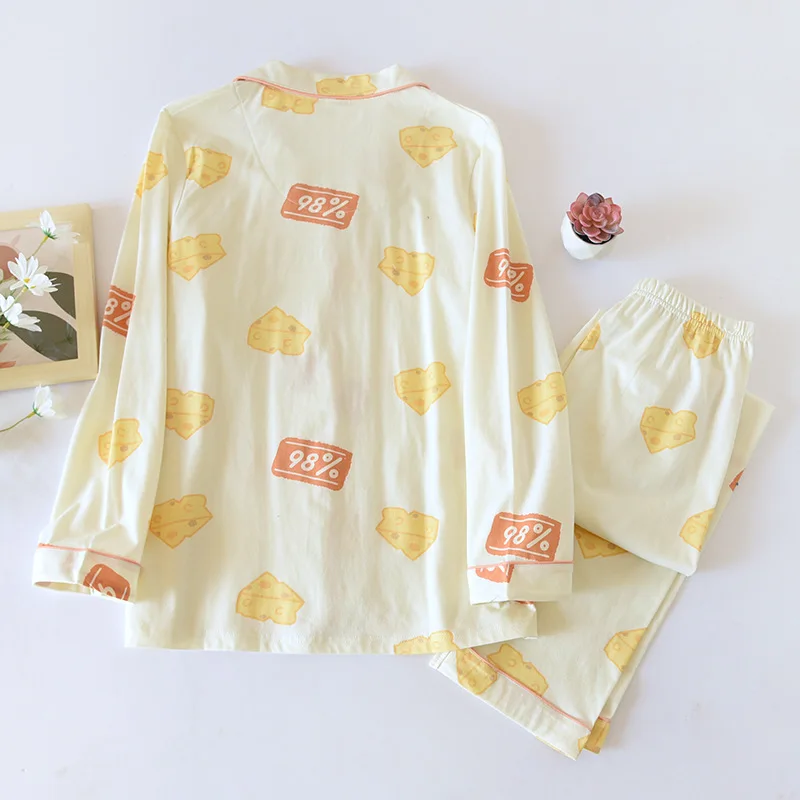 New Cute Women Girls Pure Cotton Pajamas Set Turn Down Collar Cartoon Lovely Spring Sleepwear Set Pajama For Female