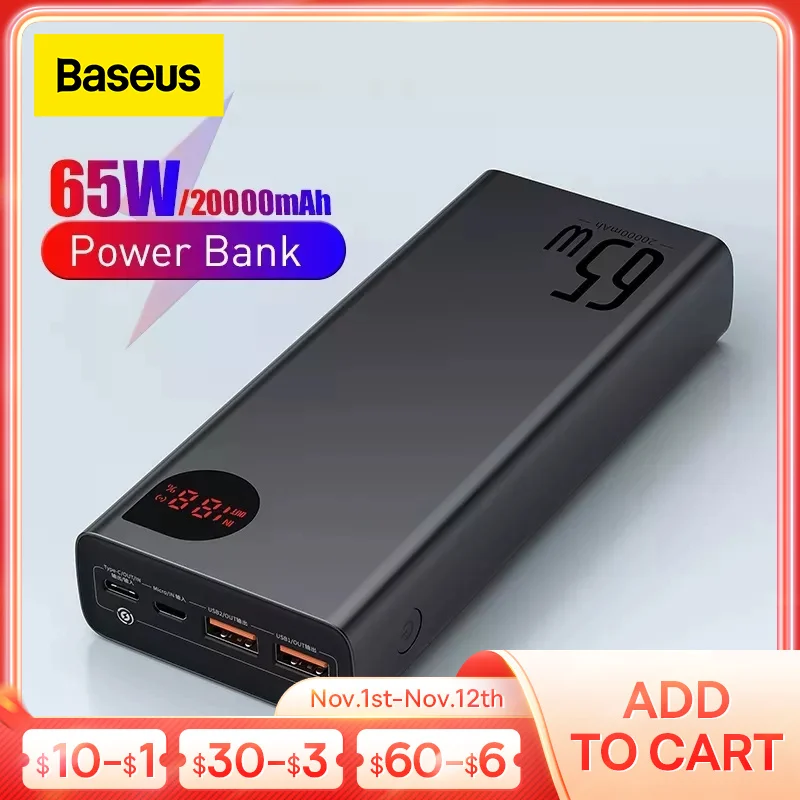 Tanie Baseus 65W Power Bank 20000mah PD QC 3.0 Szybkie ładowanie Powerbank Zewnętrzne Baterie Przenośna ładowarka Do Telefonu Laptop Tablet