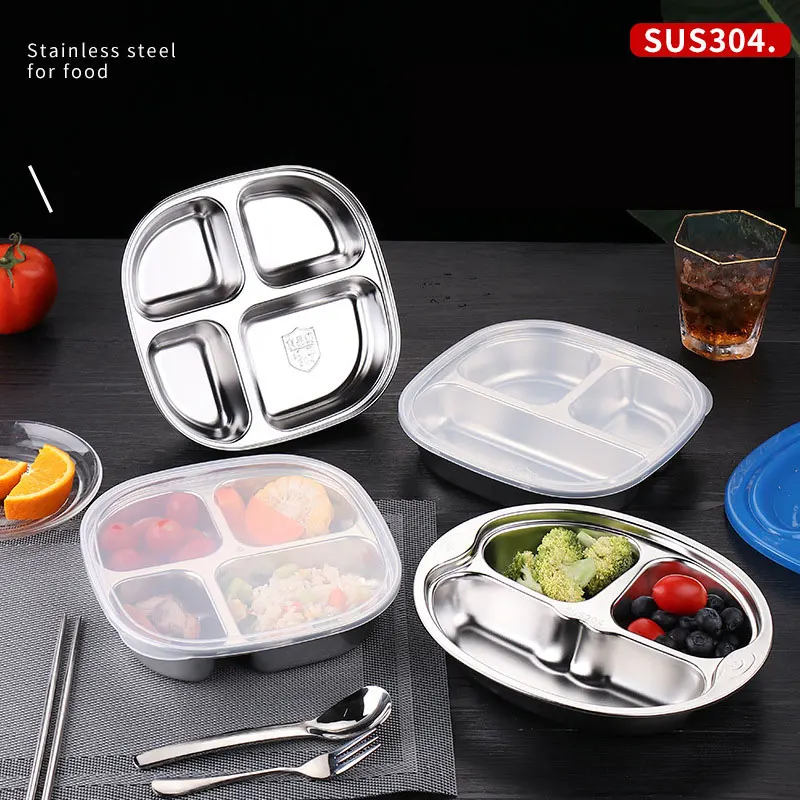 

Stainless Steel Divided Grid Dinner Plate Adult Children's Lunch Box with Lid School Canteen Dinner Rice Plate Kitchen Supplies