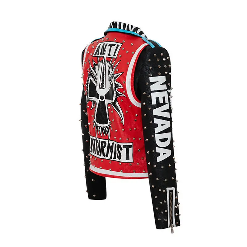 New Street Trend Short Slim Motorcycle Long Sleeve Graffiti Red and Black Leather Jacket