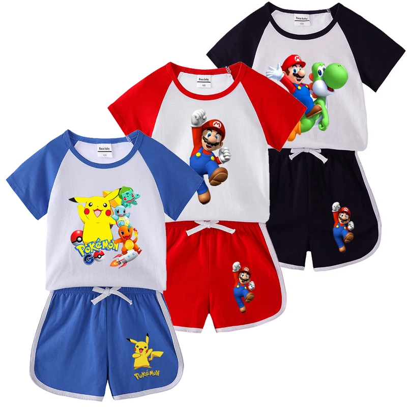 Summer Baby Girls Clothing Set Baby Boys Super Mario T-shirt Shorts Suit Kids Pokemon Printed Clothes Set Boys Cartoon Suits