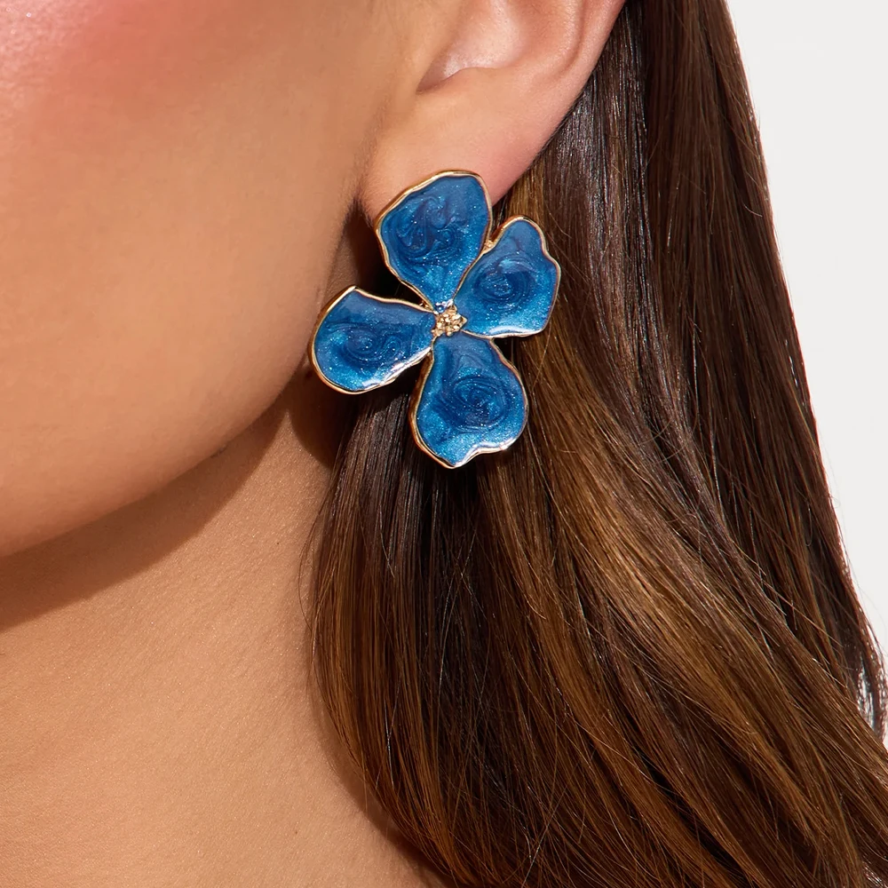 Преувеличенные серьги-гвоздики с синим цветком из нержавеющей стали для женщин и