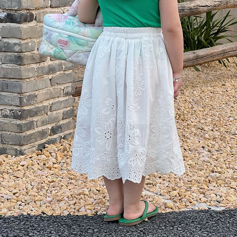 

Korean Style Girl Skirt 2022 Summer New Embroidered Lace Floral Print Solid Loose Waist A-Line Calf Skirts Children's Clothing