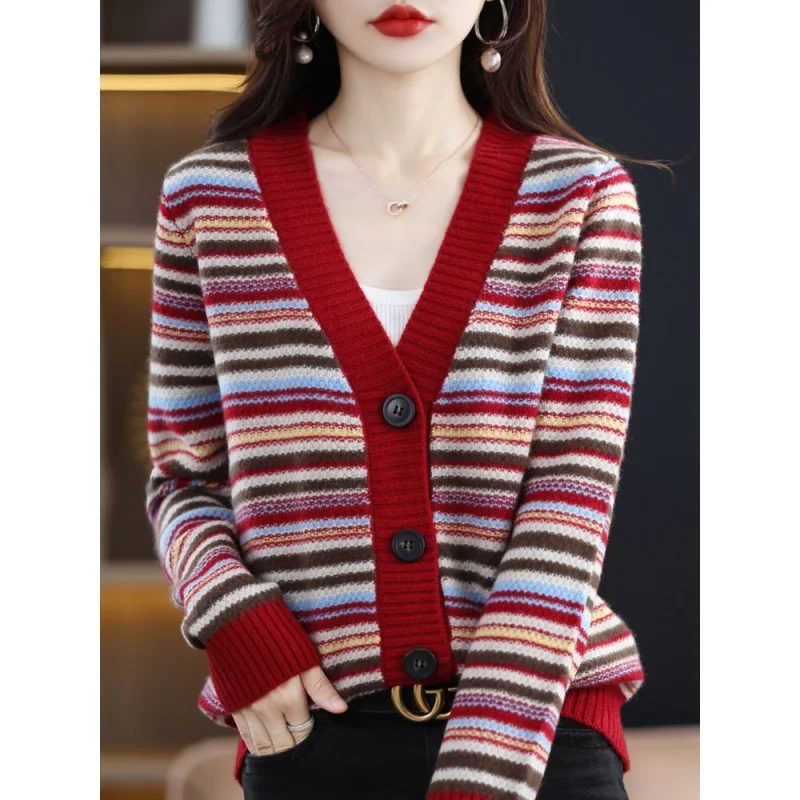 100% Merino Wool Sweater Women's V-Neck Jacquard Cardigan 2022 Autumn and Winter New Casual Tops Korean Fashion Striped Knit