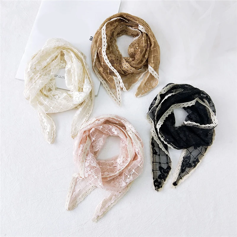 

Шелковый шарф, треугольная шаль с вышивкой, Прозрачная Кружевная Бандана с цветочным принтом, шарфы, женский классический кружевной шарф с ...