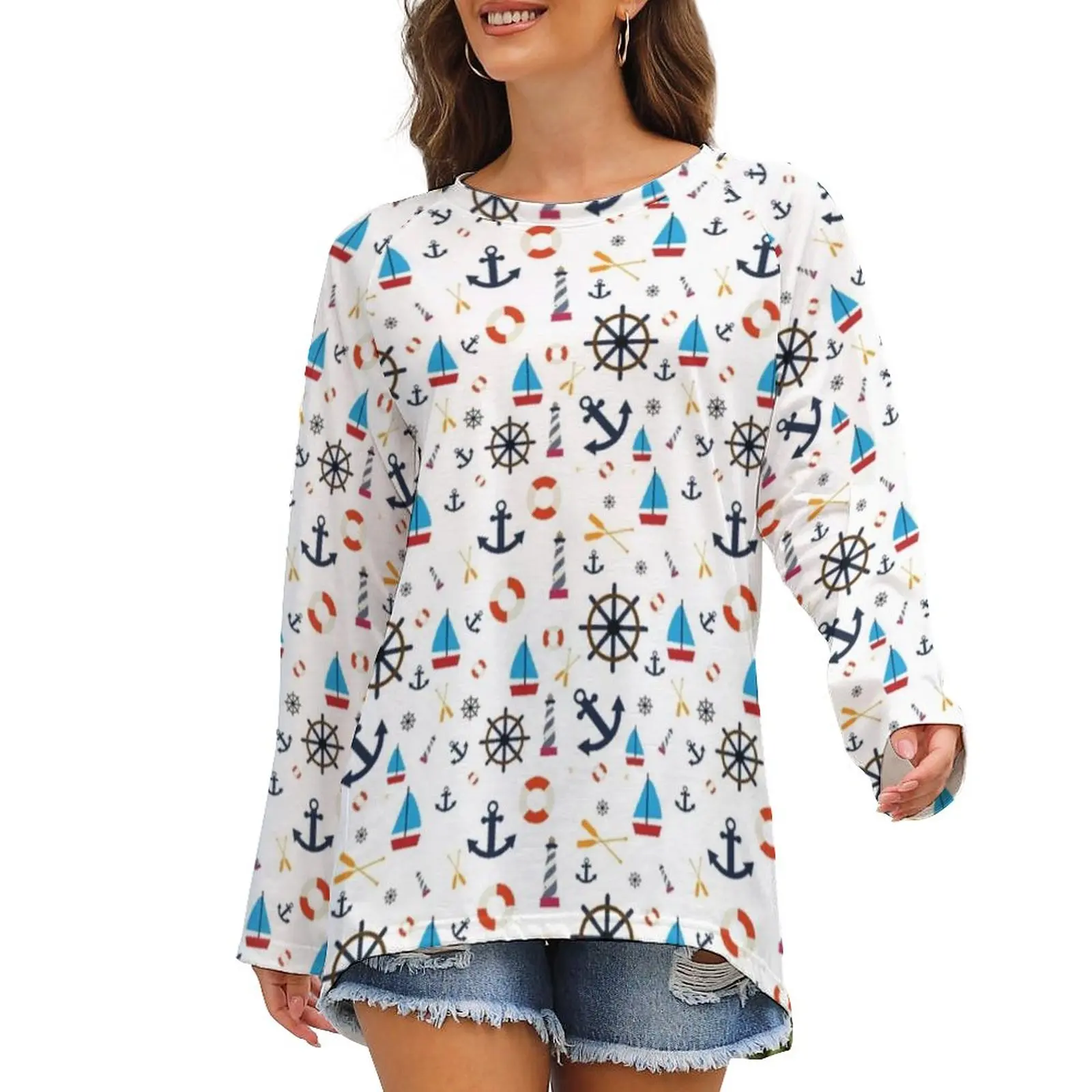 

Nautical Theme T-Shirt Aesthetic Long Sleeve T Shirts Female Streetwear Tshirt Oversized Print Clothes Birthday Present