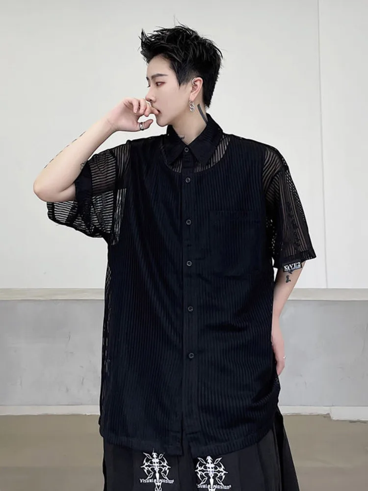 

SYUHGFA 2022 Summer Mesh Transparent Fake Two Pieces Short Sleeve Shirt For Men Loose Casual Style Shirt Tops Men Clothing