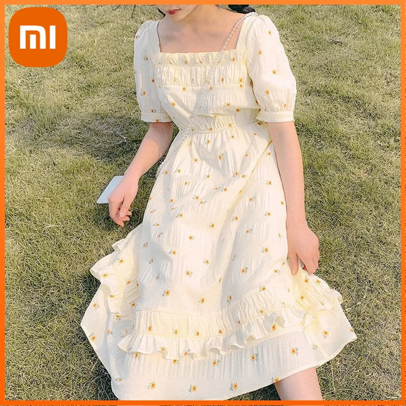 

Xiaomi Yellow Elegant Flower Dress Women Ruffle Waist Casual Sweet Long Dress Summer Vintage Evening Party Fairy Dress Women