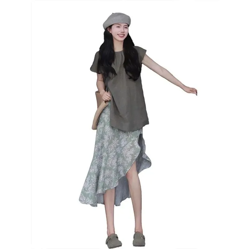 Модная женская летняя новая французская Однотонная юбка с коротким рукавом и