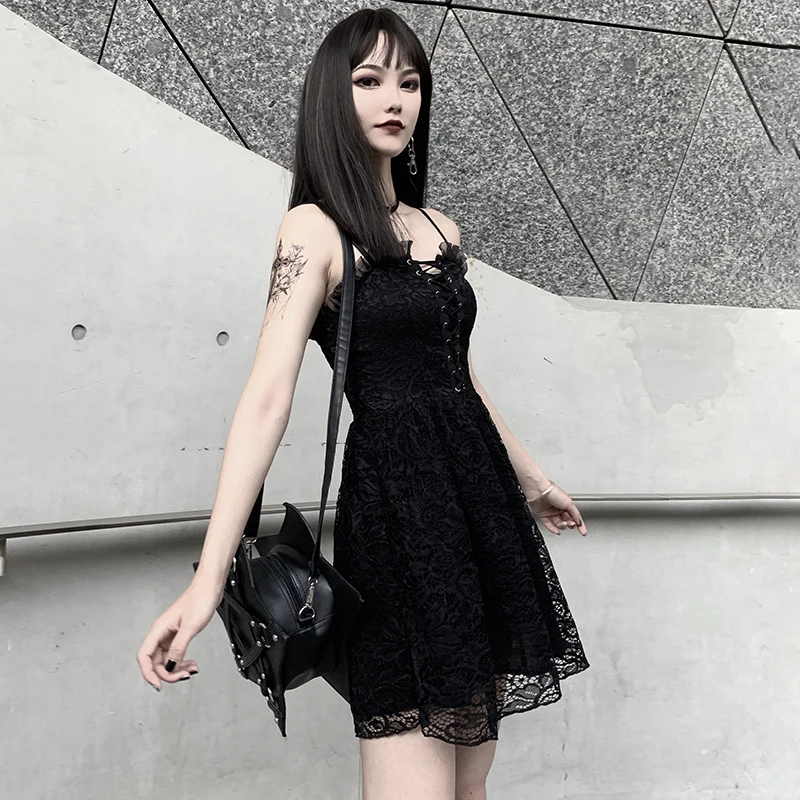 

Spaghetti Straps Sexy Black Mini Dress Women Goth Punk Streetwear Pleated Hollow Out Summer Dresses Gothic Lace Vintage Dress