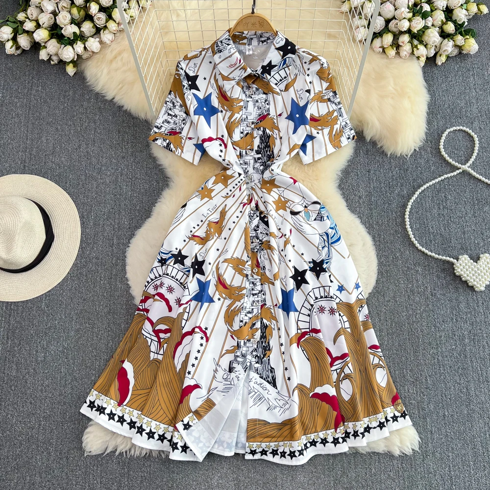 

High Quality Summer Women Fashion Runway Midi Dress Lapel Collar Short Sleeve Vintage Floral Print Belt Shirt Dress A9191
