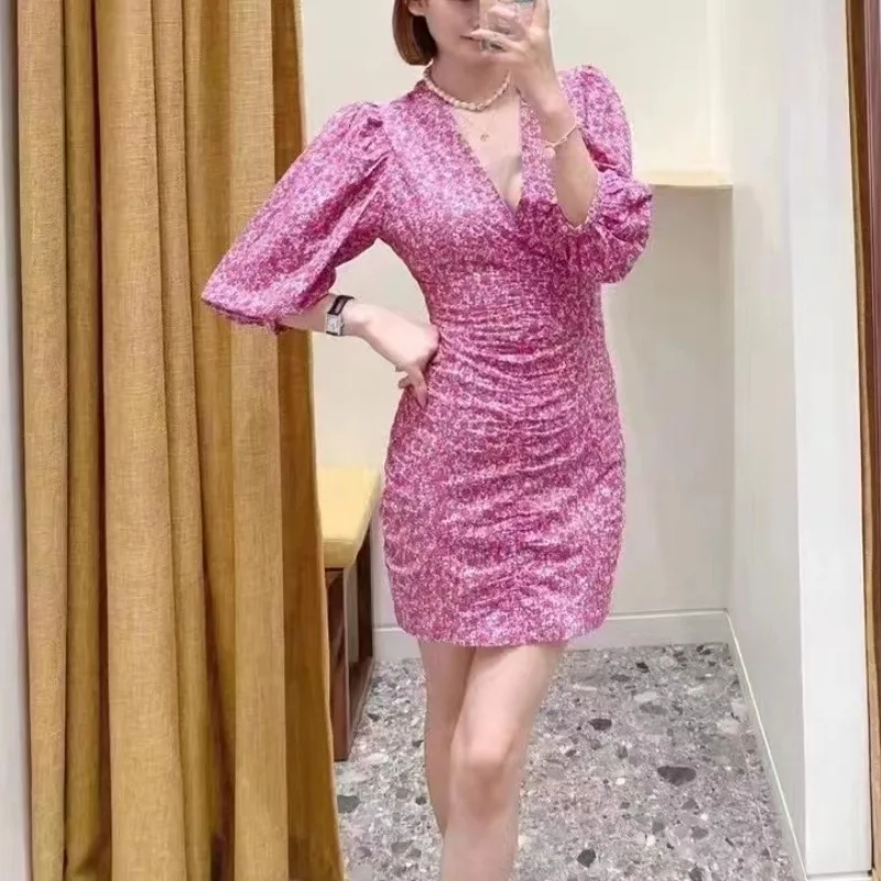 

2023 Summer Women V-Neck Puff Sleeve Mini Dress Slim Pleated Flower Print Hollow-Out Embroidery Short Robe for Lady